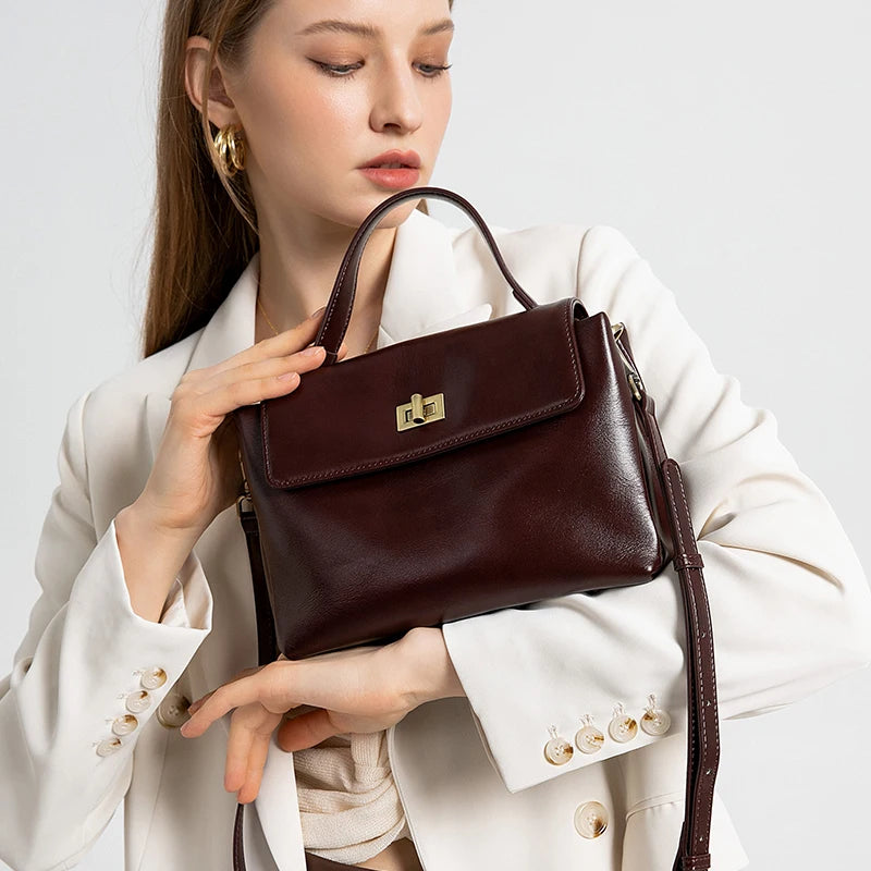 Genuine Leather Crossbody Bag – Women's Vintage Top Handle Purse