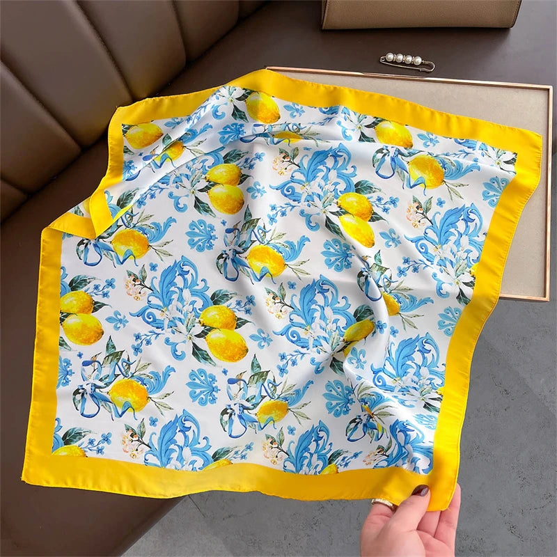 Satin Square Scarf Women Cute Cat Print Headscarf Neckerchief