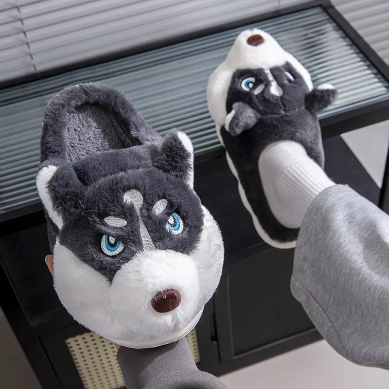 Husky Dog Fluffy Slippers – Cute Cartoon Indoor House Shoes