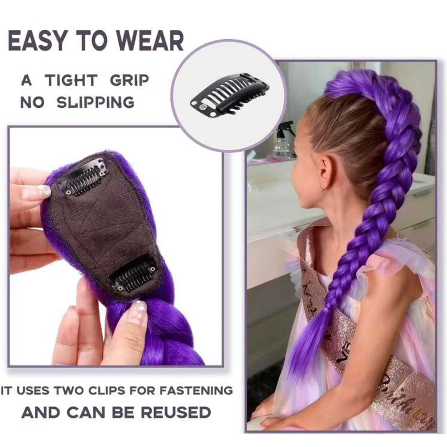 Purple Braided Clip-In Ponytail Hair Extension 26 Inch – Long Hairpiece for Kids & Cosplay