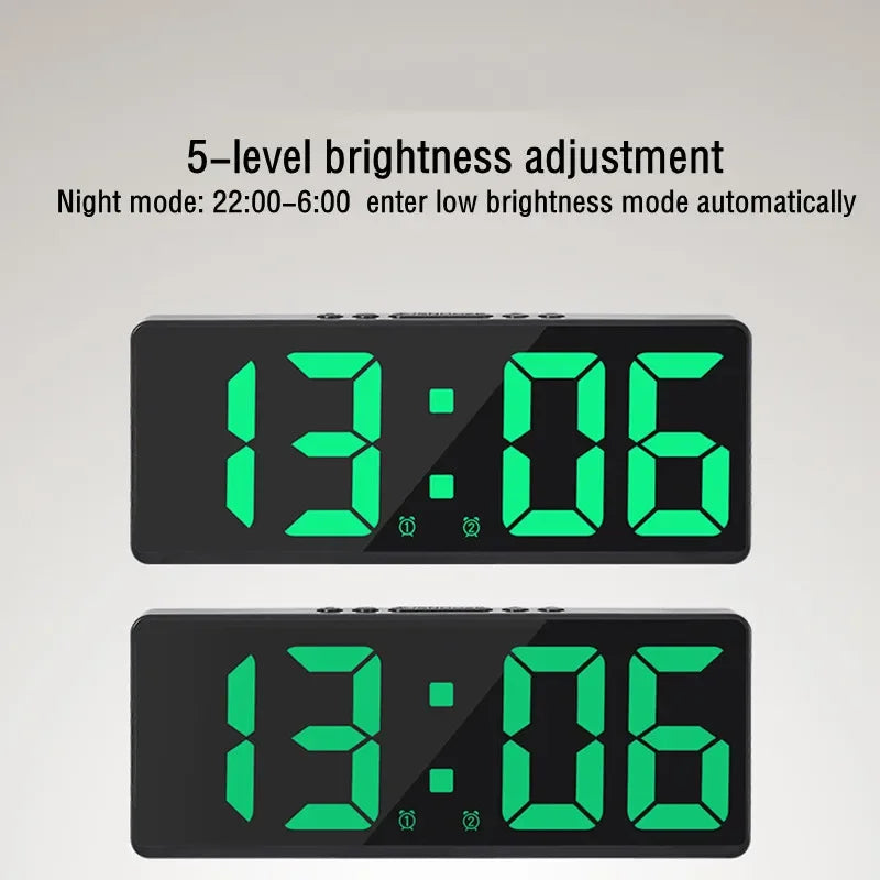Digital LED Alarm Clock – Mirror Display, Voice Control & Snooze