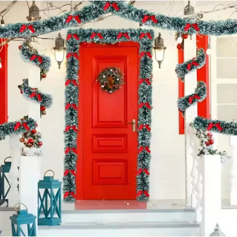 Christmas Tinsel Garland with Bows – Snow-Tipped Xmas Tree Ribbon Decoration