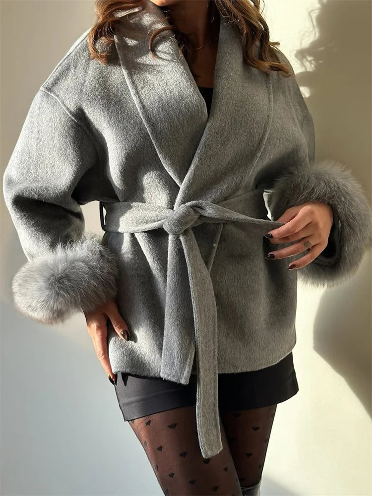 Women's Wool Coat with Fox Fur Cuffs & Belt – Elegant Short Overcoat