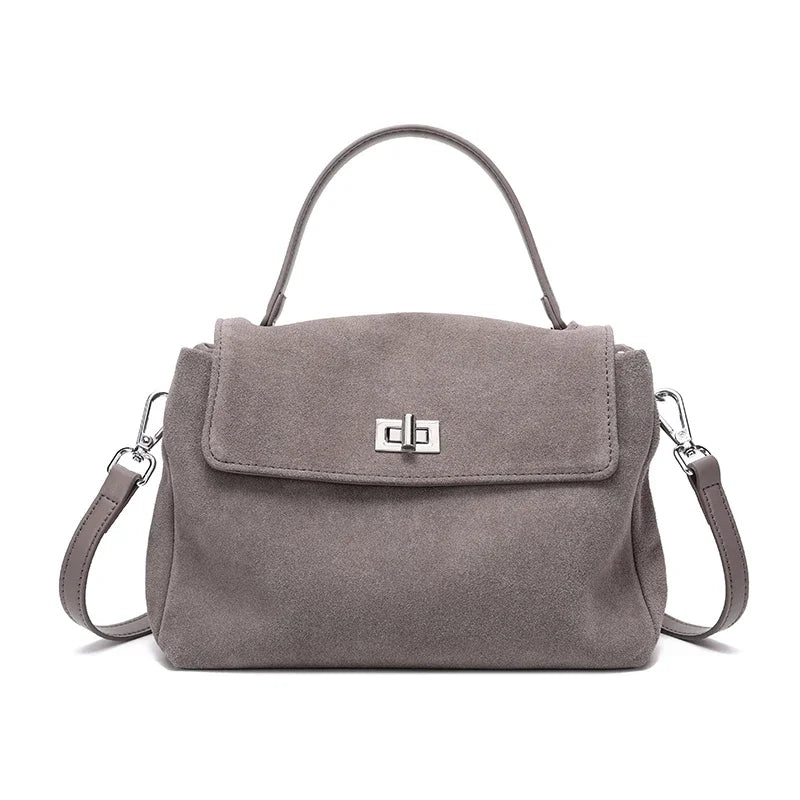 Suede Leather Crossbody Bag for Women – Turn-Lock Shoulder Bag