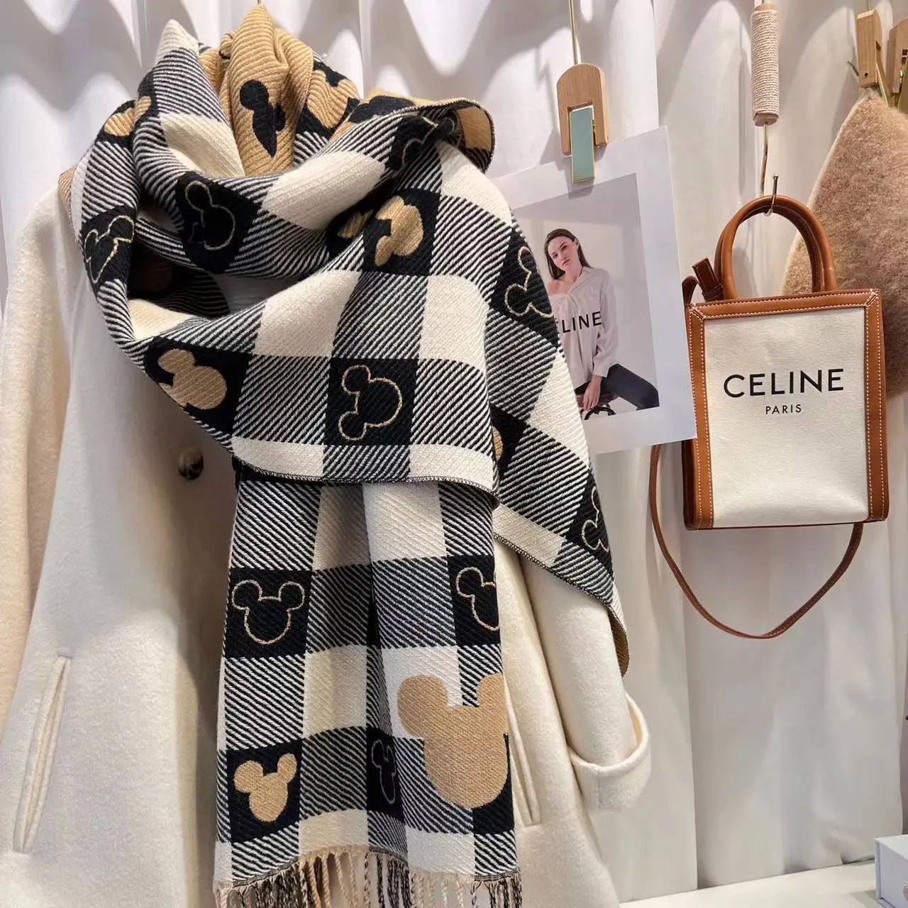 Women's Winter Cashmere Scarf – Plaid Character Print Shawl with Tassels