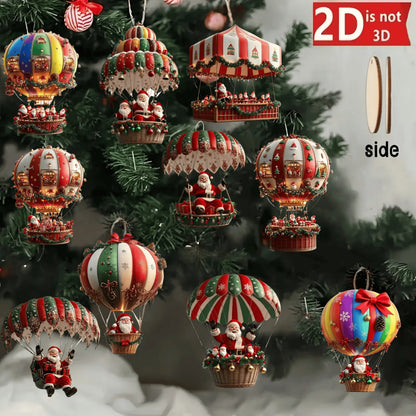Christmas Wooden Air Balloon Ornaments – 10 Pcs Santa Claus Tree Pendants