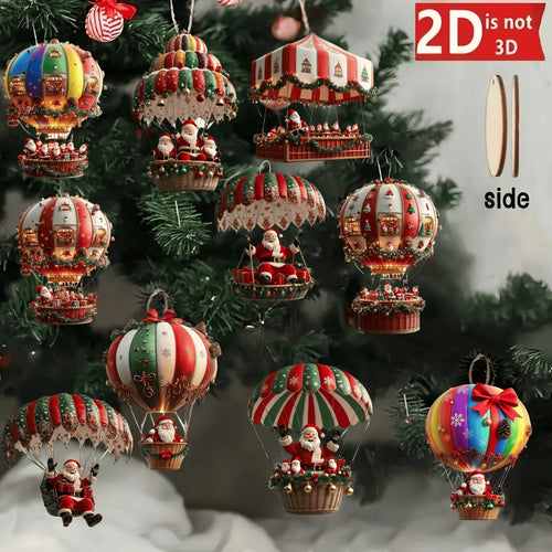 Christmas Wooden Air Balloon Ornaments – 10 Pcs Santa Claus Tree Pendants