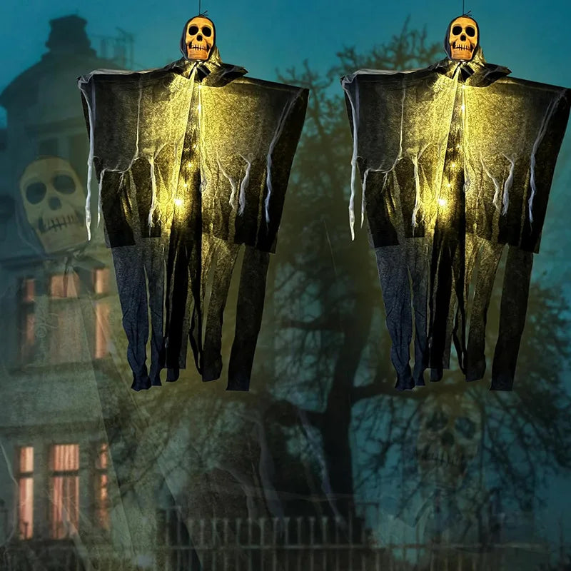 Halloween Hanging Skeleton Ghost Decoration – Glowing Skull with Gauze Robe