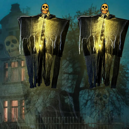 Halloween Hanging Skeleton Ghost Decoration – Glowing Skull with Gauze Robe
