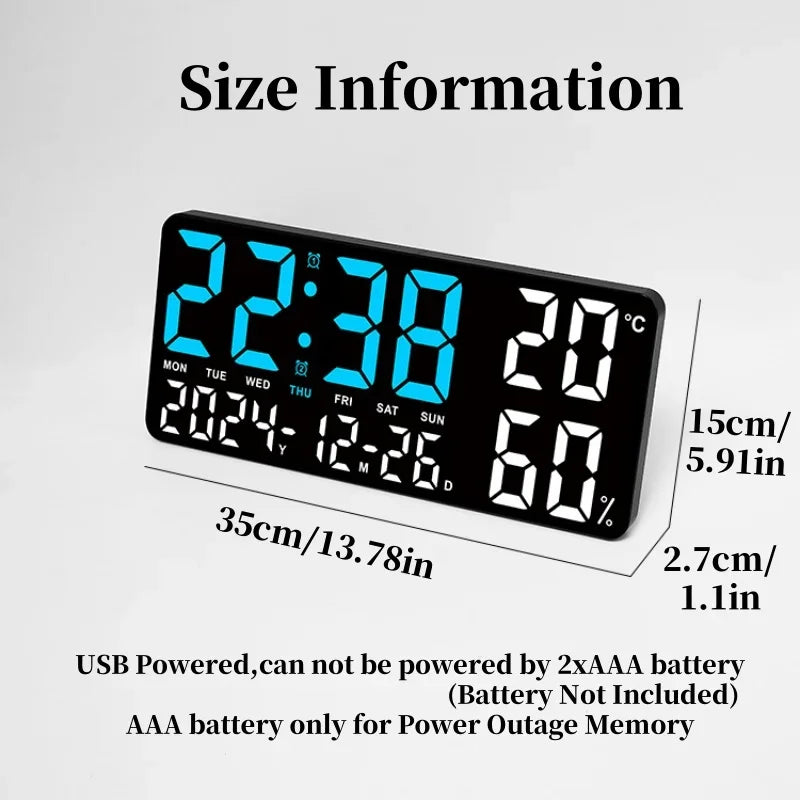Large LED Digital Wall Clock with 7-Color Mood Light & Dual Alarm