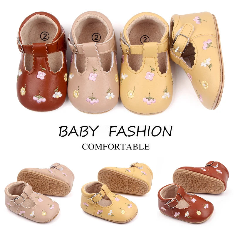 Baby Girl Embroidered Flower T-Strap Mary Jane Shoes