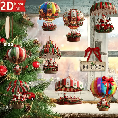 Christmas Santa Hot Air Balloon Acrylic Hanging Ornaments – Set of 10