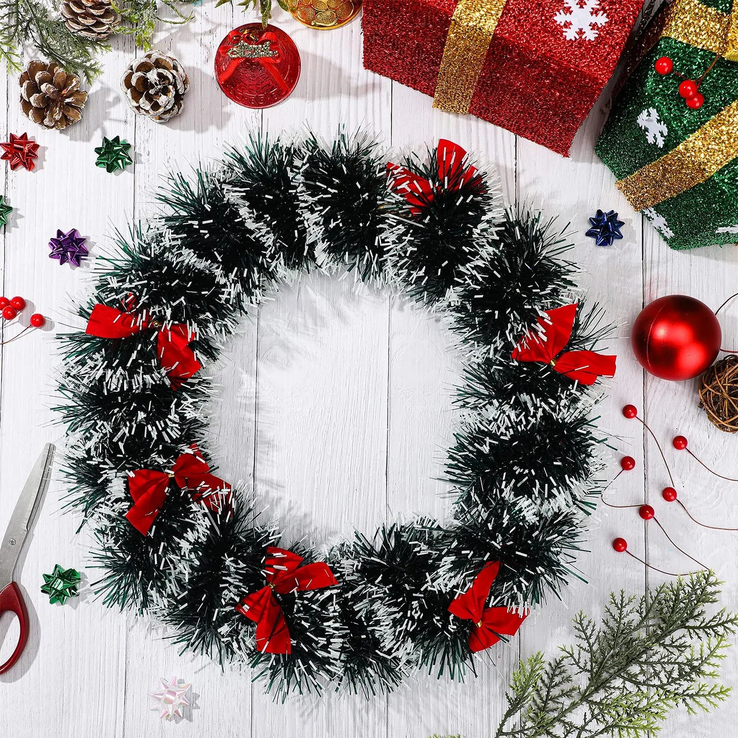 Christmas Garland with Red Bows – Artificial Tinsel Decoration