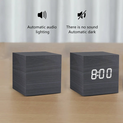 Wooden LED Digital Alarm Clock – Voice Control, Temp & Humidity