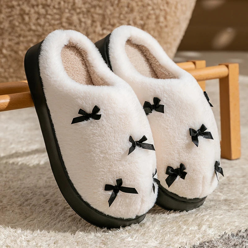Women's Bow Plush Slippers – Warm Non-Slip Indoor House Shoes