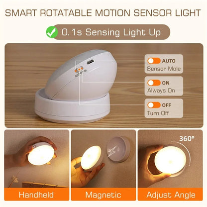 Motion Sensor Round LED Night Light – USB Rechargeable, Energy Saving