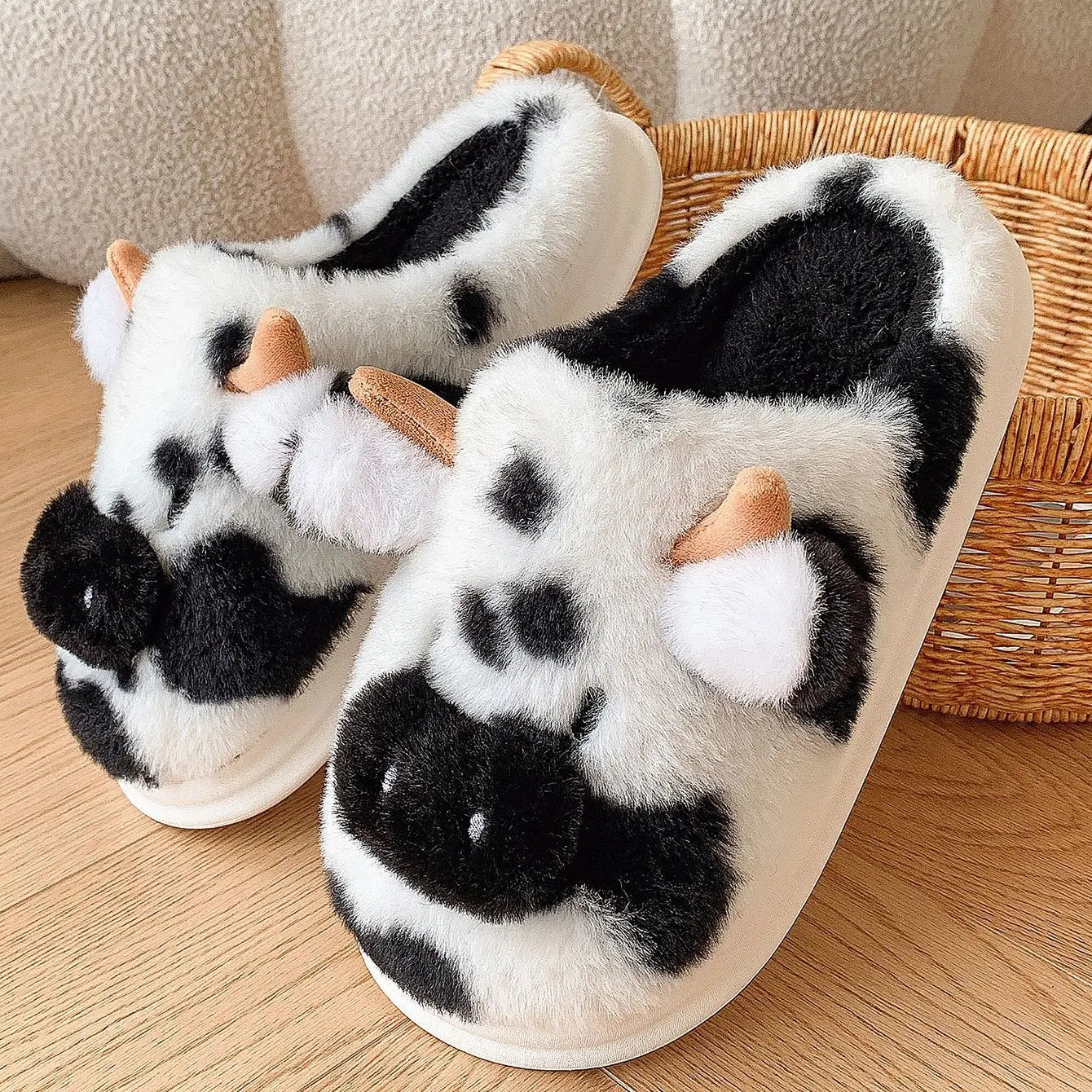 Cute Cow Fluffy Slippers for Women – Cozy Plush House Shoes