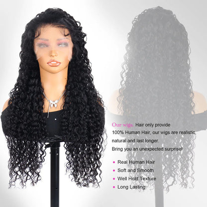 Deep Water Wave Human Hair Lace Front Wig 13x4 HD Lace 18-42 Inch Natural Black