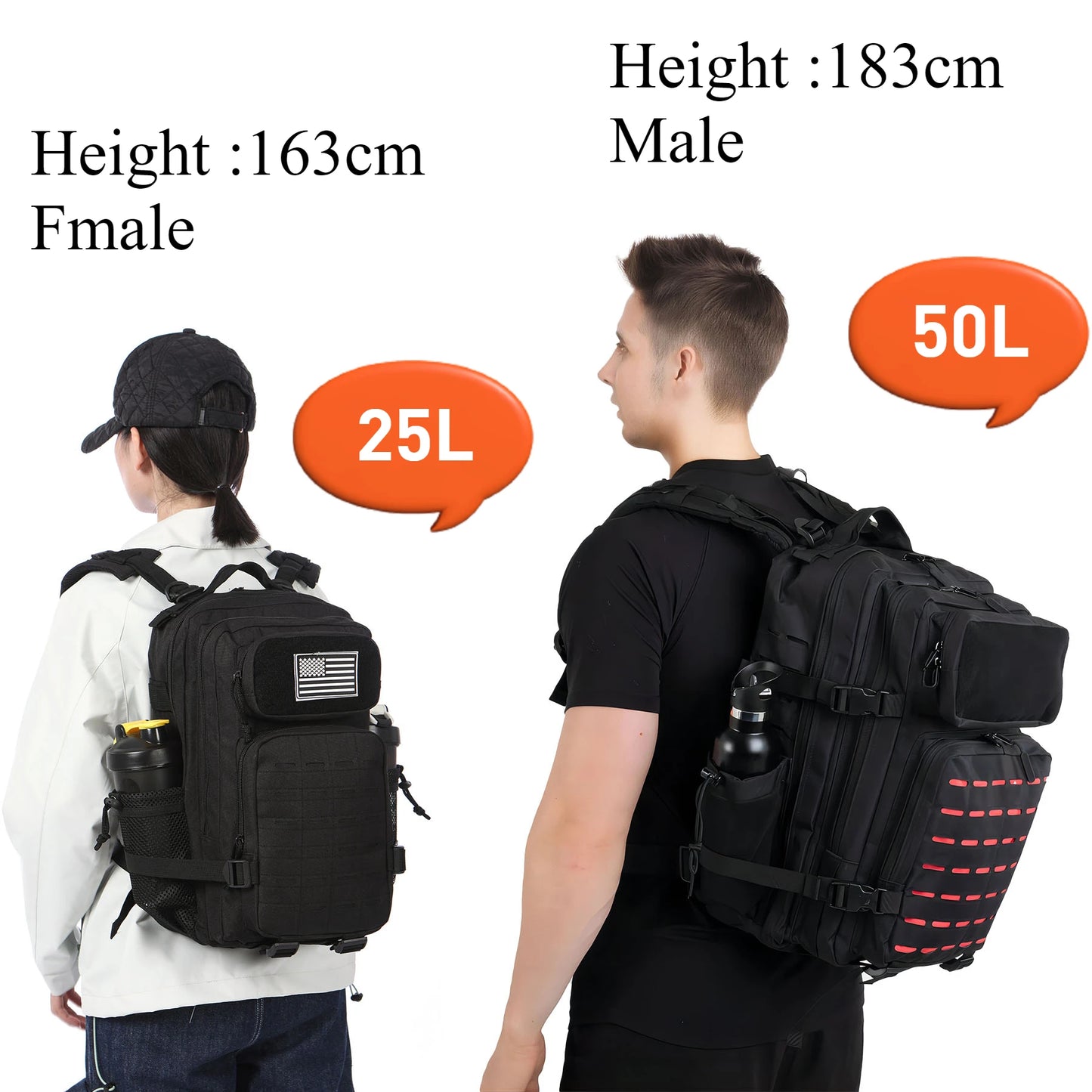 Tactical Backpack 25L/50L MOLLE Military Rucksack with 2 Bottle Holders for Hiking & Outdoor