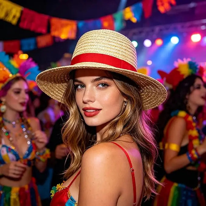 Straw Sun Hat with Red Band & Chin Strap – Unisex Costume Hat