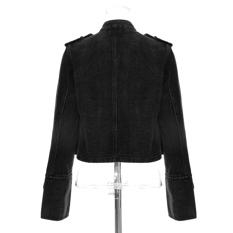 Women's Double-Breasted Denim Jacket – Military Style