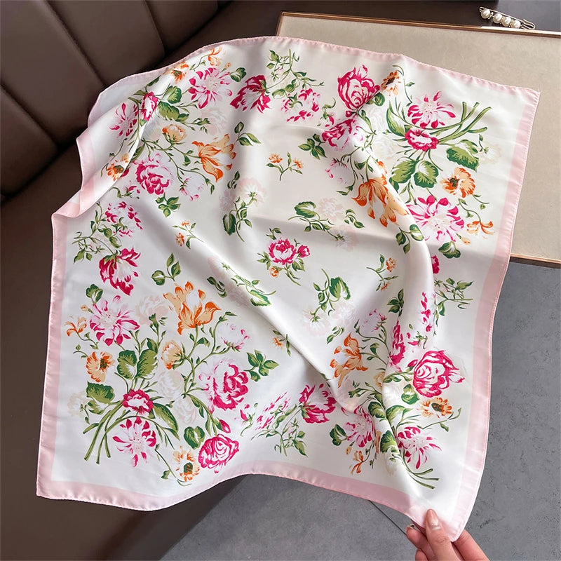 Satin Square Scarf Women Cute Cat Print Headscarf Neckerchief