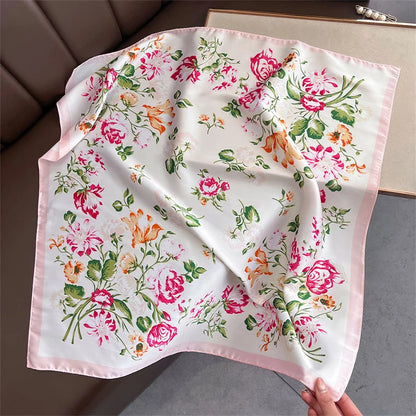 Satin Square Scarf Women Cute Cat Print Headscarf Neckerchief
