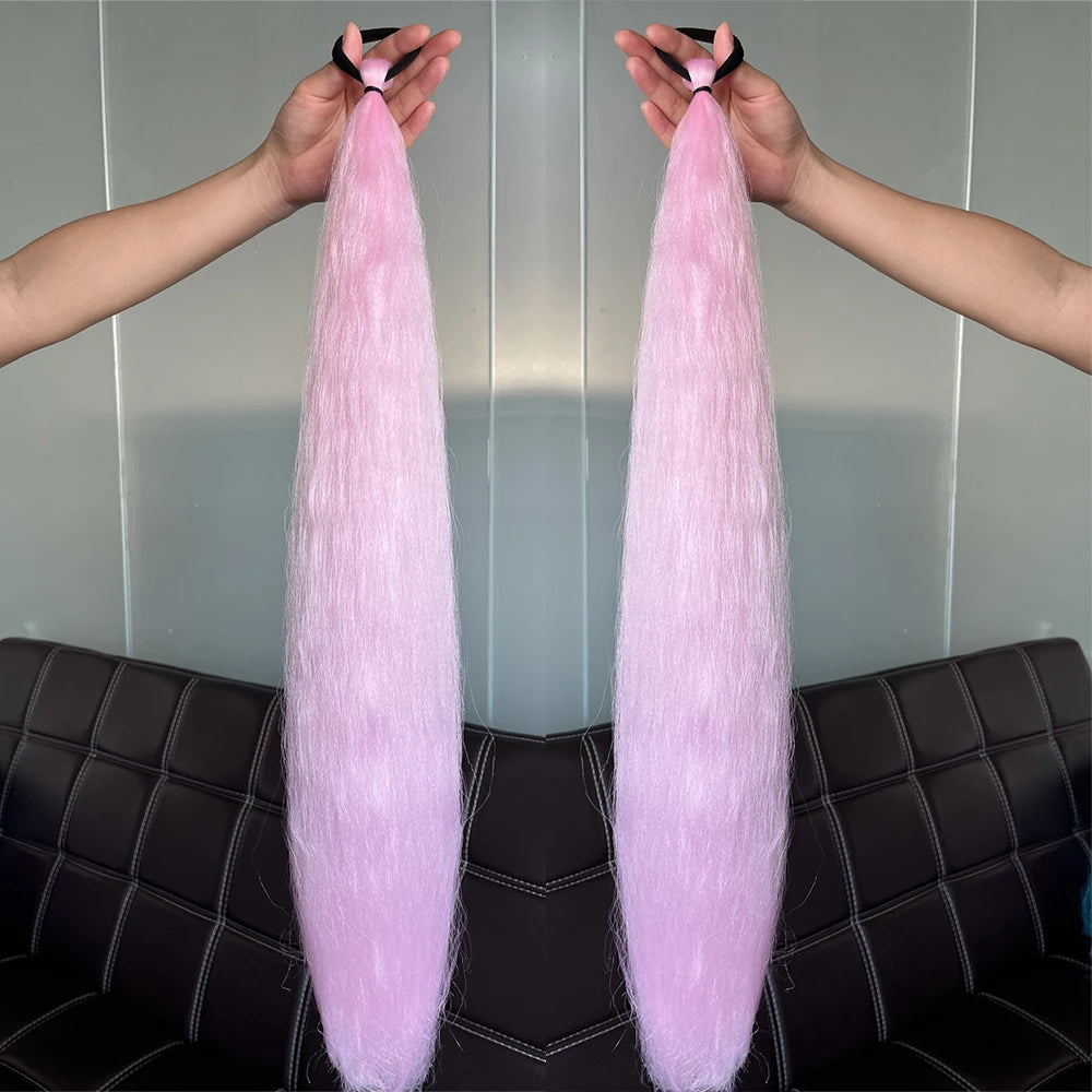 Synthetic Ponytail Hair Extension 2pcs – Long Straight, Colorful, Braiding Hairpiece with Rubber Band