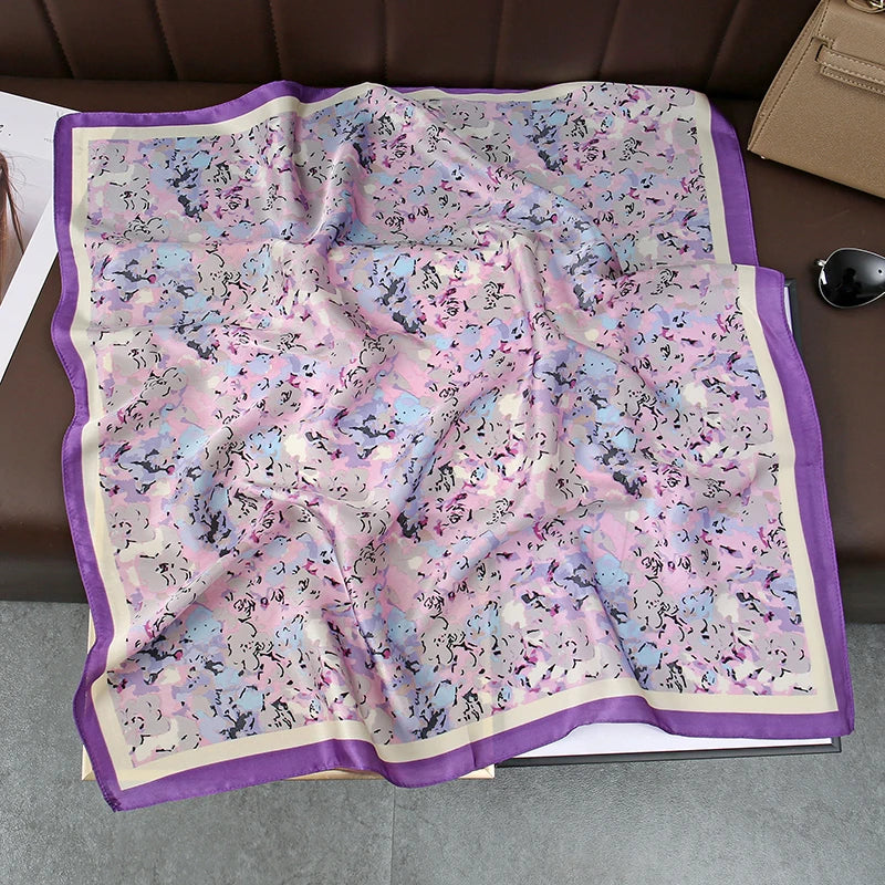 Satin Square Scarf Women Cute Cat Print Headscarf Neckerchief