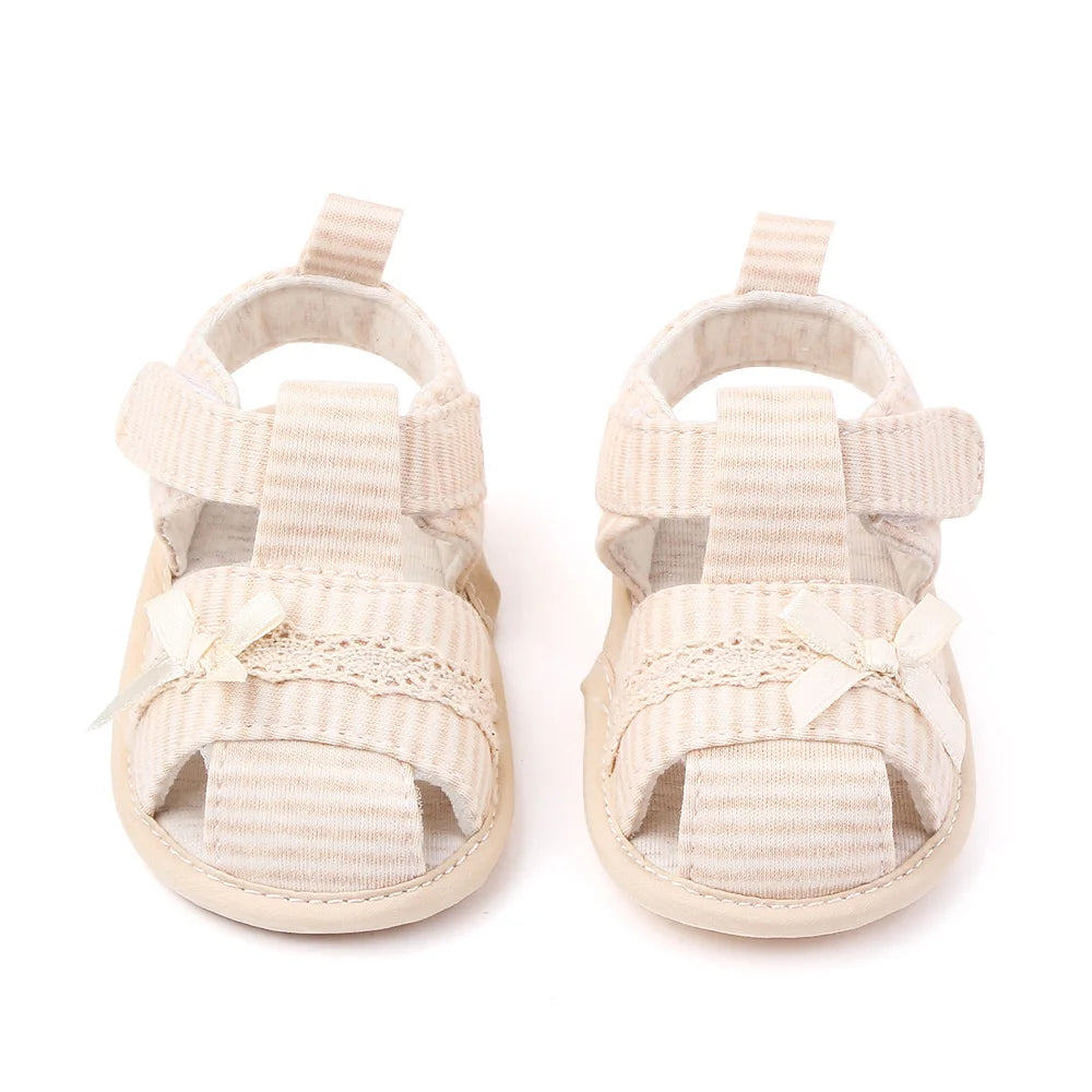Baby Girl Cotton Sandals – Breathable Bow Toe-Covered 0–18 Months