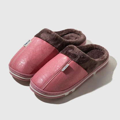 Winter Fur-Lined PU Leather Slippers – Unisex Plus Size