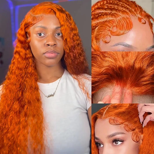 Ginger Orange Water Wave Lace Front Wig Human Hair 13x4 13x6 16-42 Inch