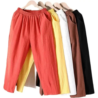 Women's Cotton Linen Harem Pants – Casual Loose Elastic Waist Cropped Trousers