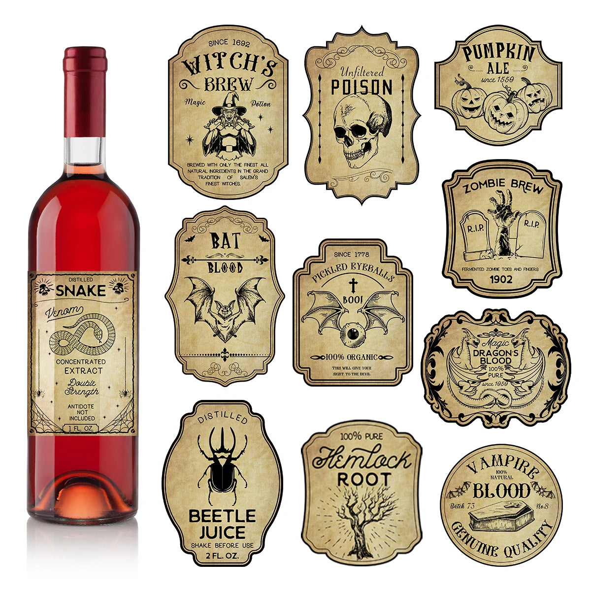 Halloween Wine Bottle Labels – Vintage Gothic Potion Stickers