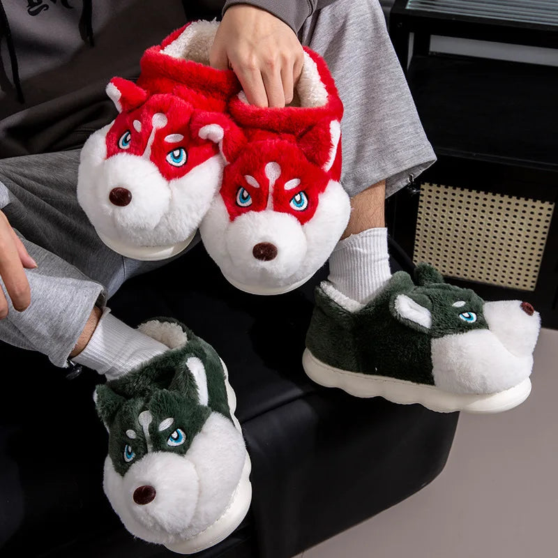 Husky Dog Fluffy Slippers – Cute Cartoon Indoor House Shoes