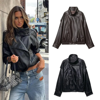 Women's Faux Leather Jacket – Asymmetric Zip Stand Collar Coat