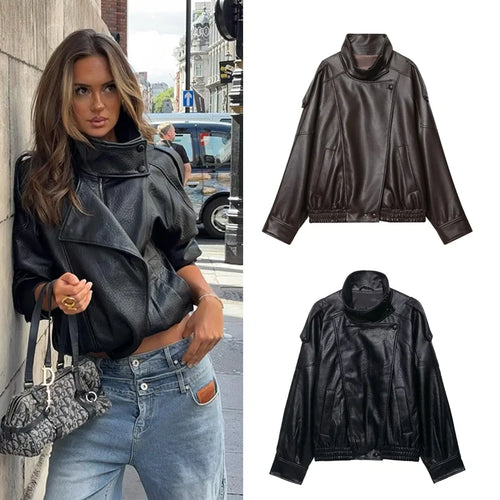 Women's Faux Leather Jacket – Asymmetric Zip Stand Collar Coat