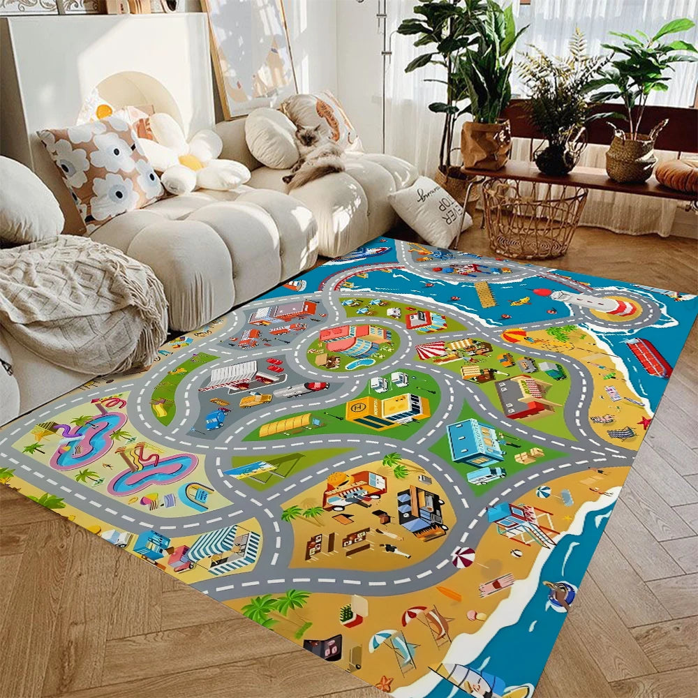 Kids Car Play Mat Rug – City Road Map Non-Slip Playroom Rug