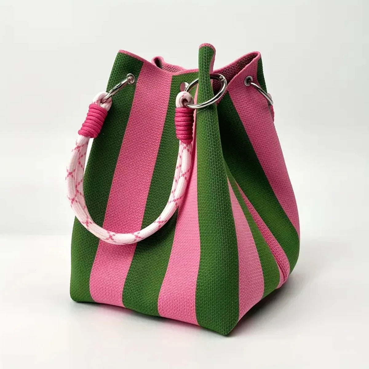 Color-Block Knitted Bucket Bag – Retro Striped Handbag
