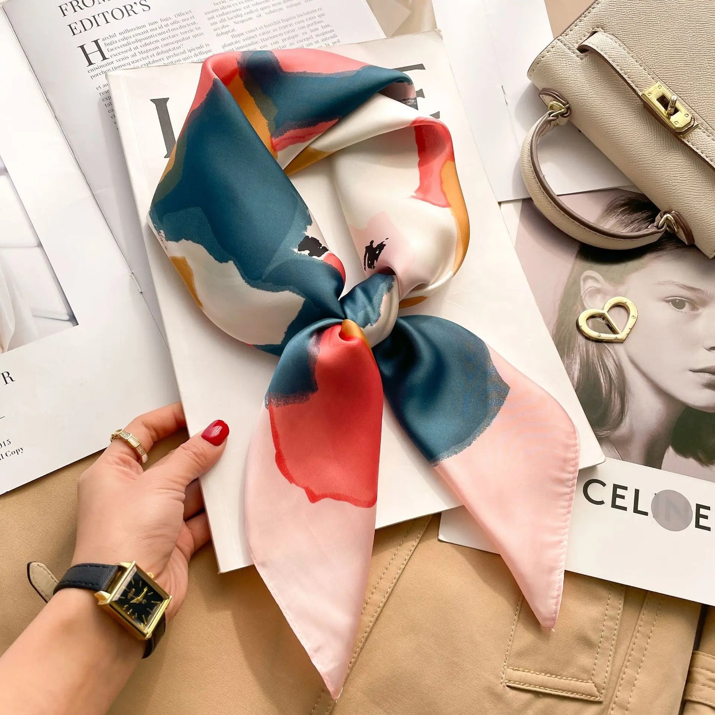 Silk-Feel Square Scarf – Women's Satin Print Neckerchief & Hair Band