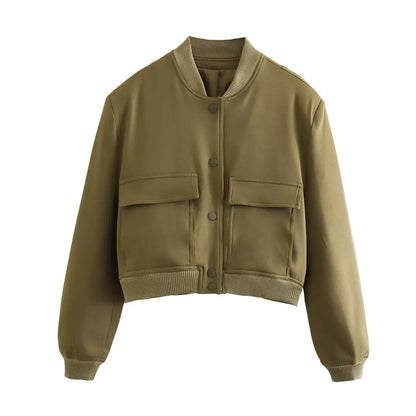 Women's Bomber Jacket with Pockets – Single Breasted Long Sleeve Coat