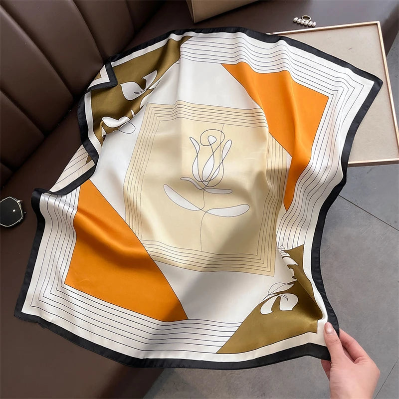 Satin Square Scarf Women Cute Cat Print Headscarf Neckerchief