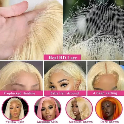 613 Blonde Straight Human Hair Wig – 13x6 & 13x7 HD Lace Front, 18–30 Inches