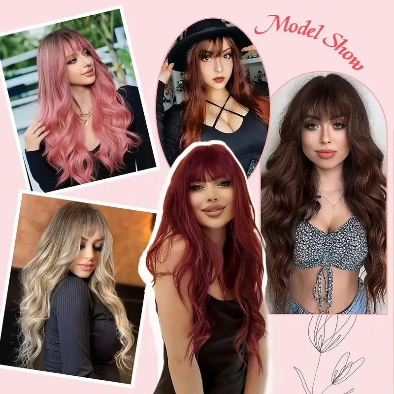 Long Wavy Synthetic Wig with Bangs – 26 Inches, Multiple Colors