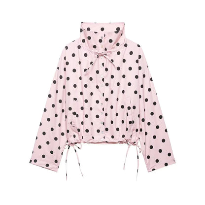 Women's Polka Dot Drawstring Jacket – Elegant Spring Coat