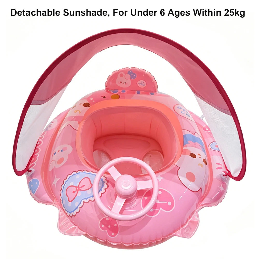 Baby Swim Float Seat Ring with Sunshade Canopy & Steering Wheel – Ages 0–6
