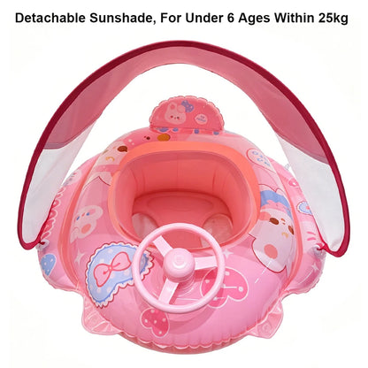 Baby Swim Float Seat Ring with Sunshade Canopy & Steering Wheel – Ages 0–6