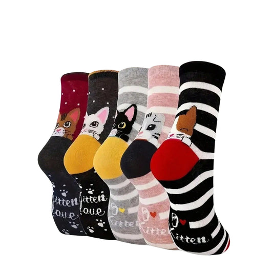 5 Pairs Cute Cat Pattern Women’s Crew Socks