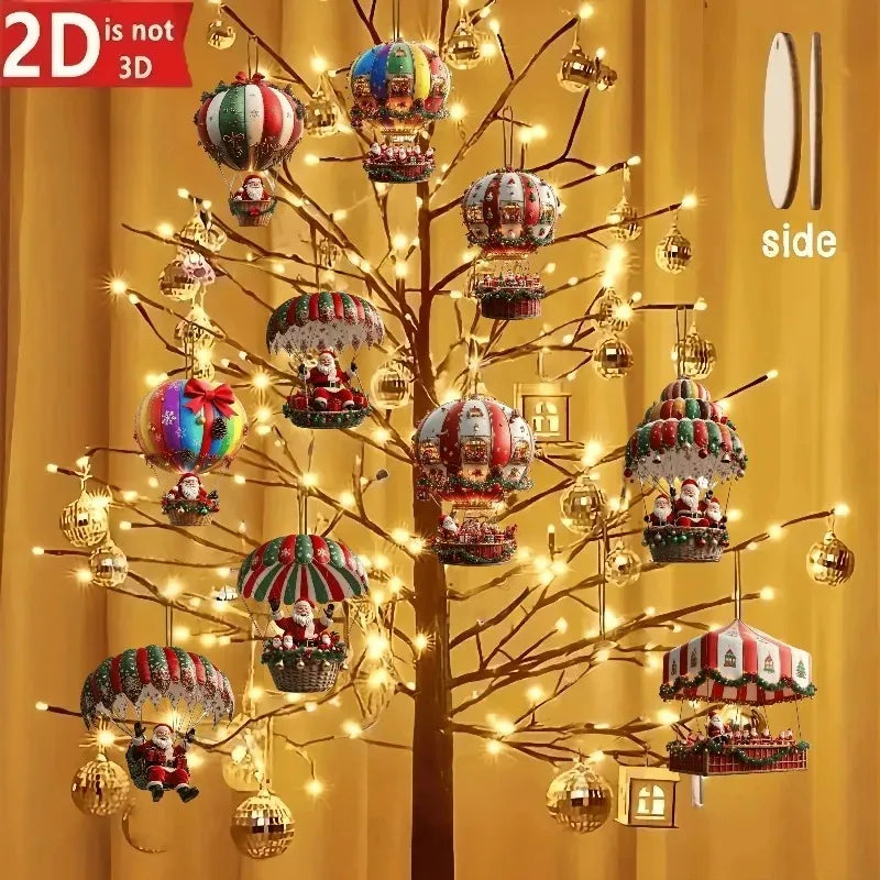 Christmas Santa Hot Air Balloon Acrylic Hanging Ornaments – Set of 10