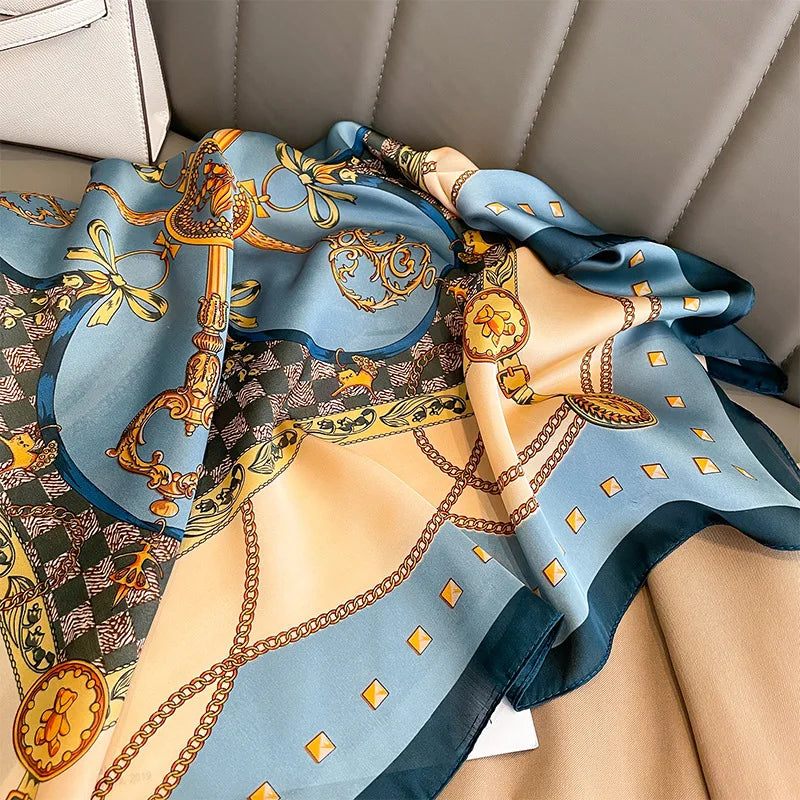 Chain Pattern Silk Square Scarf – 70cm Luxury Kerchief